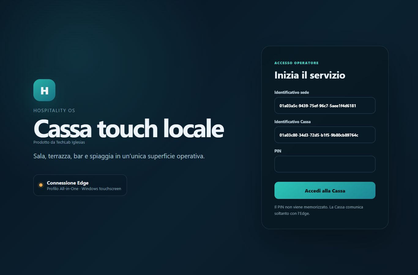 Cassa touch reale Hospitality OS.